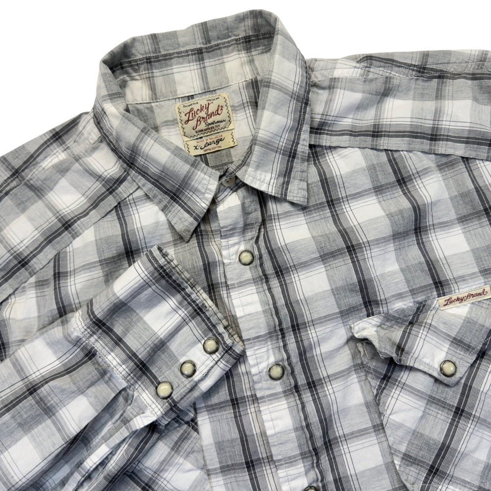 Lucky Brand Mens XL Western Shirt Gray Plaid Pearl Snap Dungarees Cotton